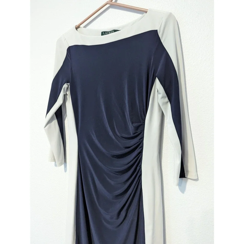 Lauren by Ralph Lauren Navy Ruched Bodycon Midi Dress Formal Office Cocktail - Picture 3 of 5